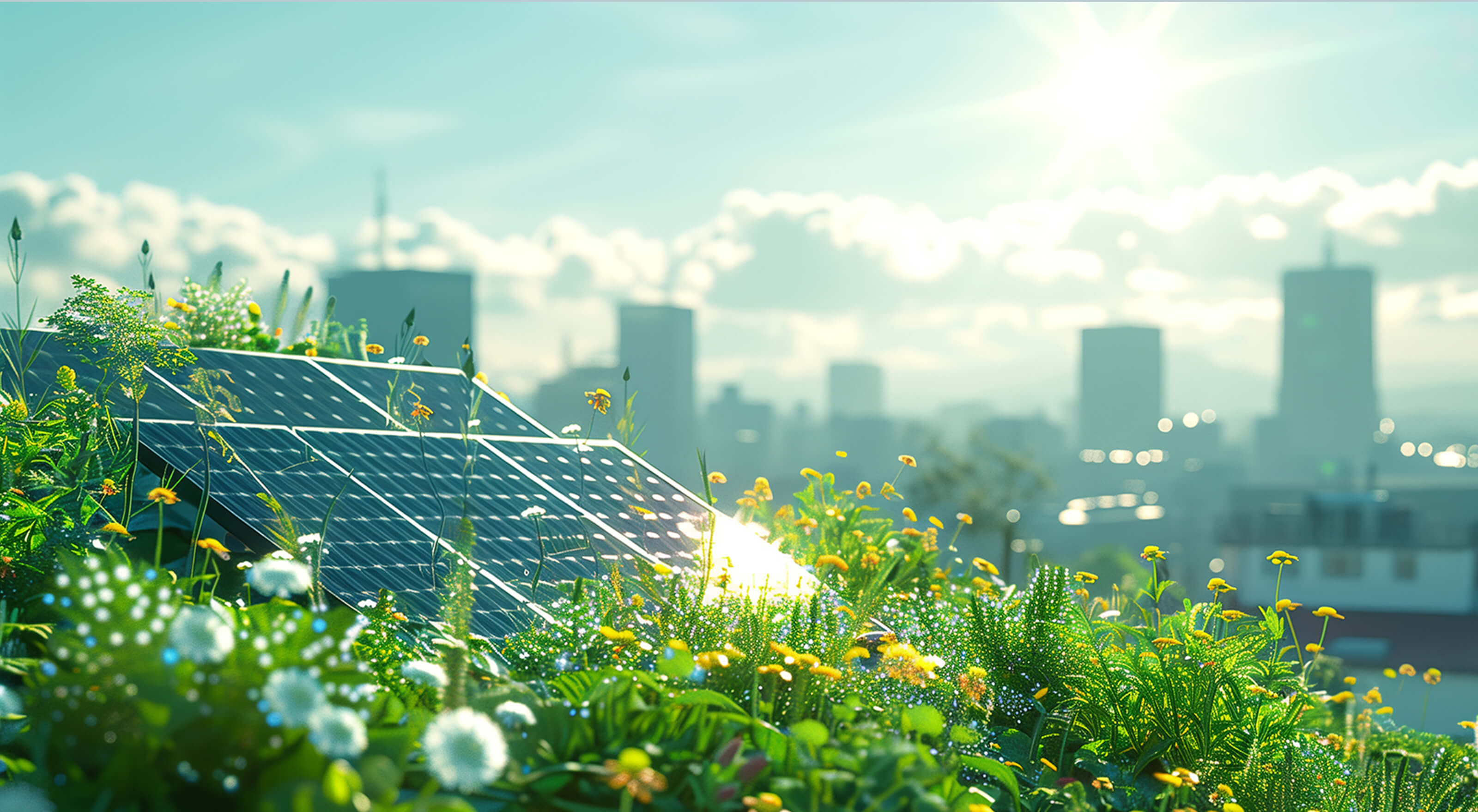 蒲公英などの自然な草の中にある太陽光発電。